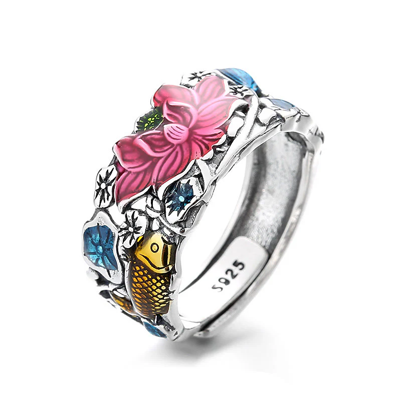Mocoer 925 Sterling Silver Koi Fish Lotus Flower Prosperity Ring - Mocoer