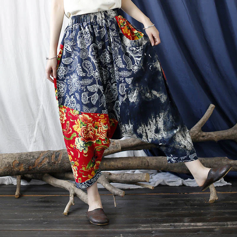 Mocoer Blue Red Peony Flowers Patchwork Cotton Linen Harem Pants With Pockets - Mocoer
