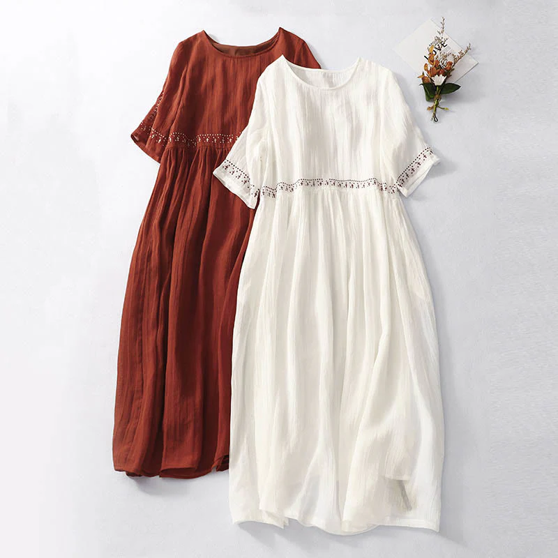 Mocoer Solid Color Embroidery Short Sleeve Ramie Linen Midi Dress - Mocoer