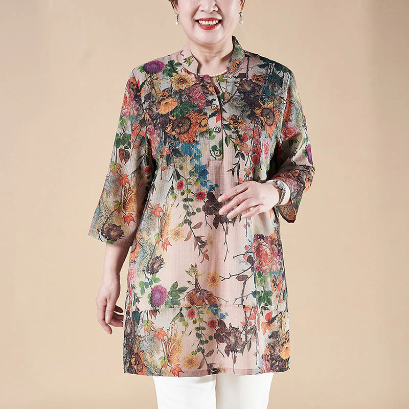 Mocoer Flowers Abstract Patterns Button Design Linen Shirt - Mocoer
