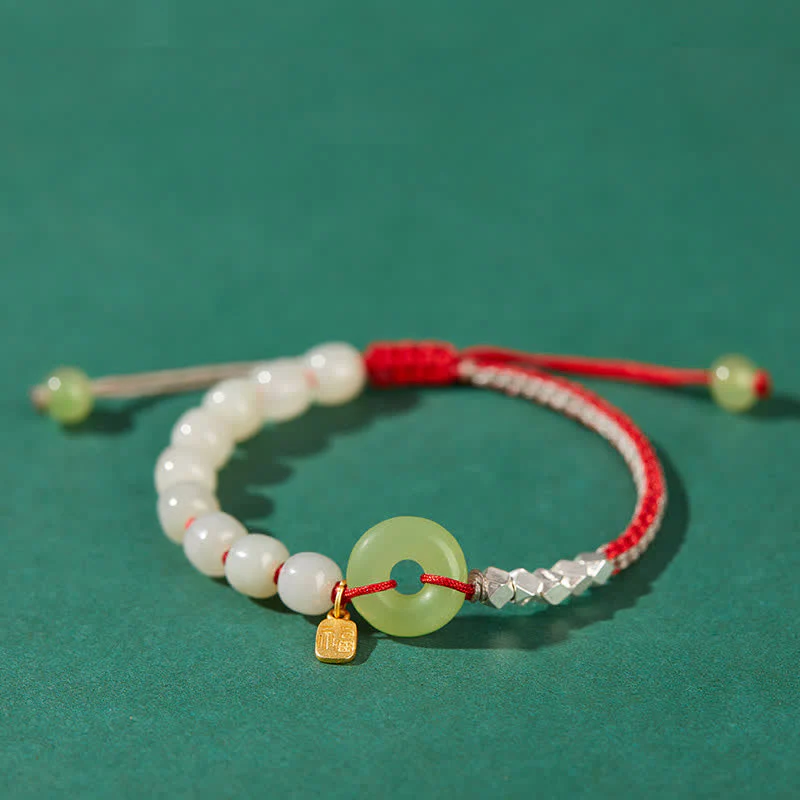 Mocoer 925 Sterling Silver Hetian Jade Peace Buckle Beaded Luck Happiness Charm Bracelet - Mocoer