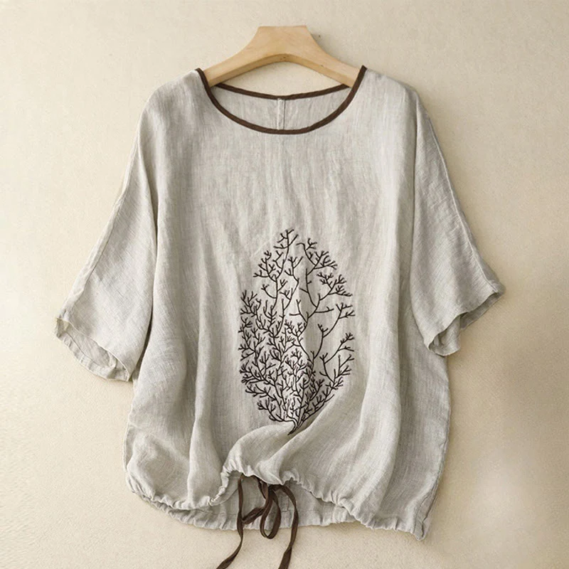 Mocoer Casual Embroidery Tree Drawstring Women's Crew Neck Design Half Sleeve Cotton LinenT-Shirt - Mocoer