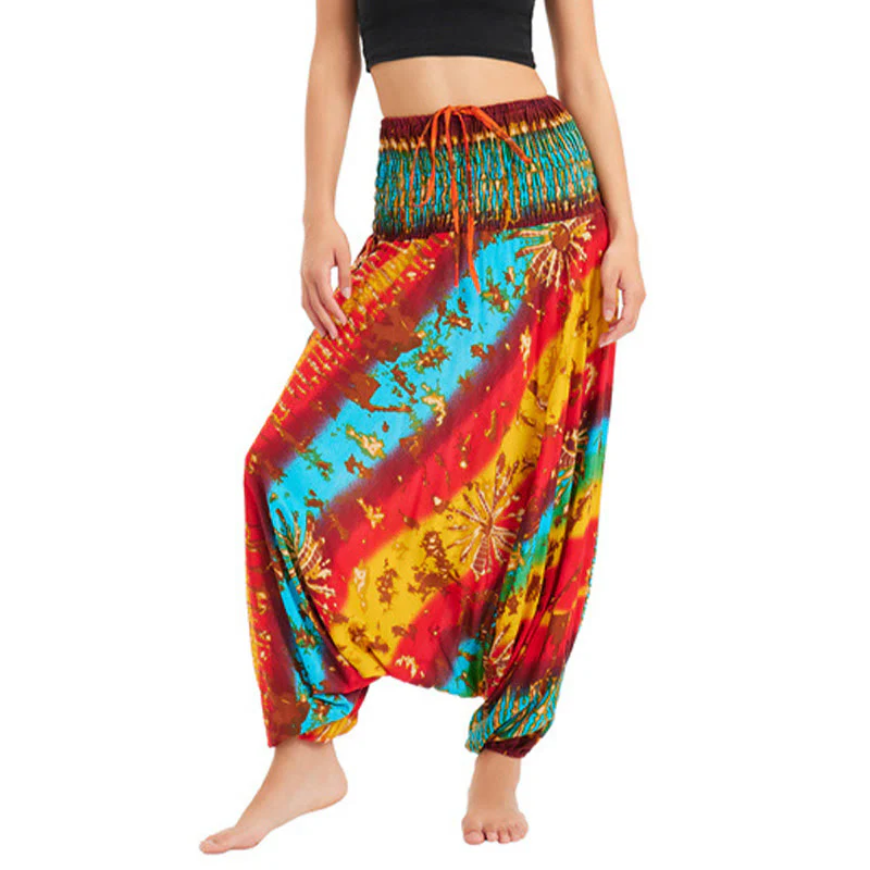 Mocoer Two Style Wear Gradient Colorful Loose Smocked Harem Trousers Jumpsuit High Waist Pants - Mocoer