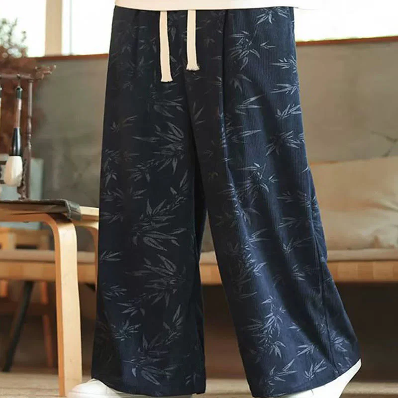 Mocoer Bamboo Leaves Corduroy Drawstring Cotton Men's Wide Leg Pants With Pockets - Mocoer