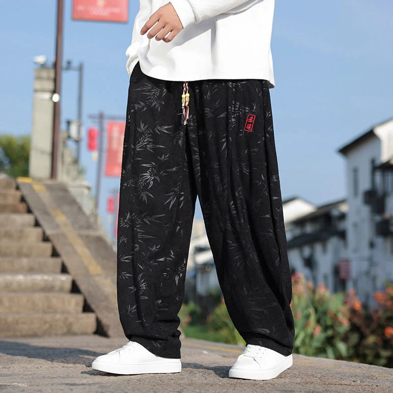 Mocoer Embroider Leaves Casual Cotton Men's Pants With Pockets - Mocoer