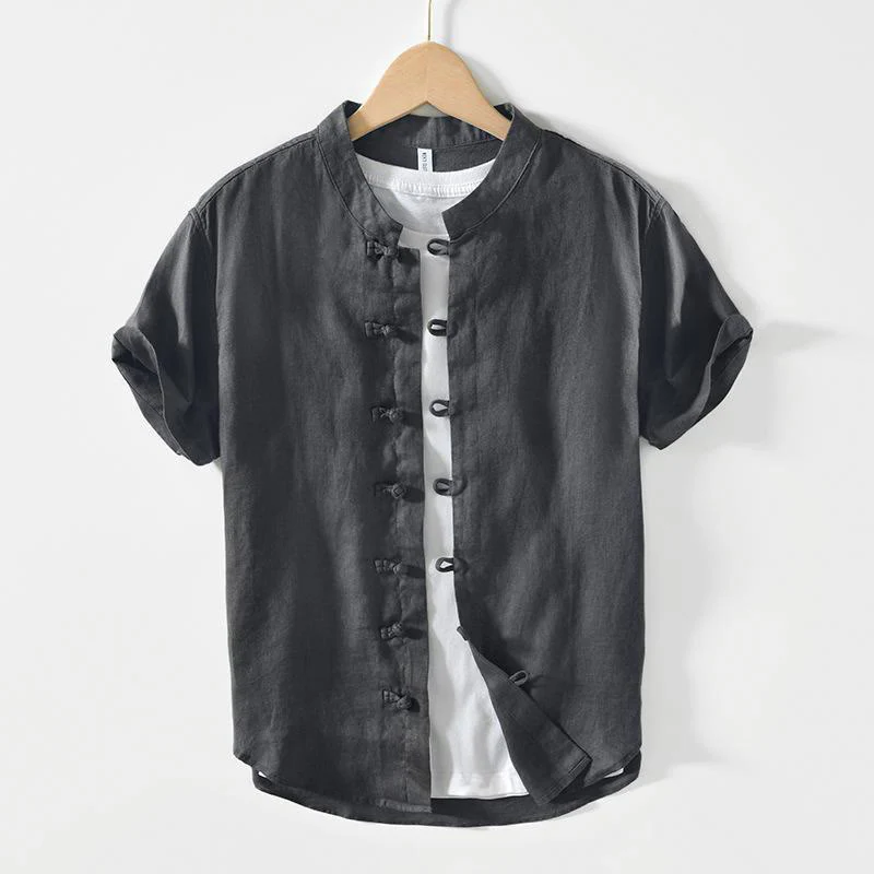 Mocoer Daily Frog-Button Stand Collar Short Sleeve Linen Men's Shirt - Mocoer
