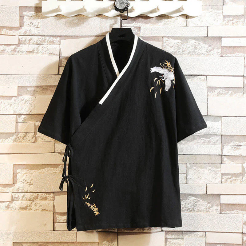 Mocoer Tang Suit Embroidery Crane Pattern Lace-Up Side Men's Cotton Linen T-Shirt - Mocoer