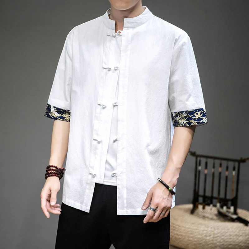 Mocoer Frog-Button Chinese Tang Suit Half Sleeve Crane Shirt Jacket Linen Men Clothing - Mocoer