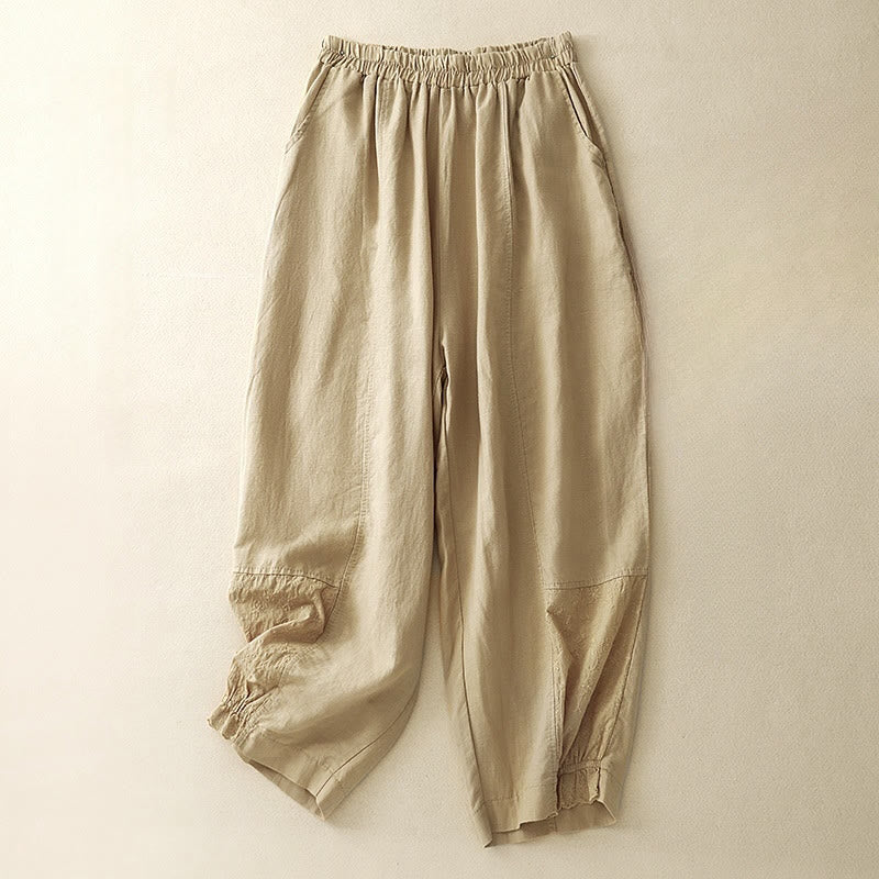 Mocoer Casual Embroidery Patchwork Fabric 7-8 Length Cropped Pants Women's Cotton Harem Pants With Pockets - Mocoer