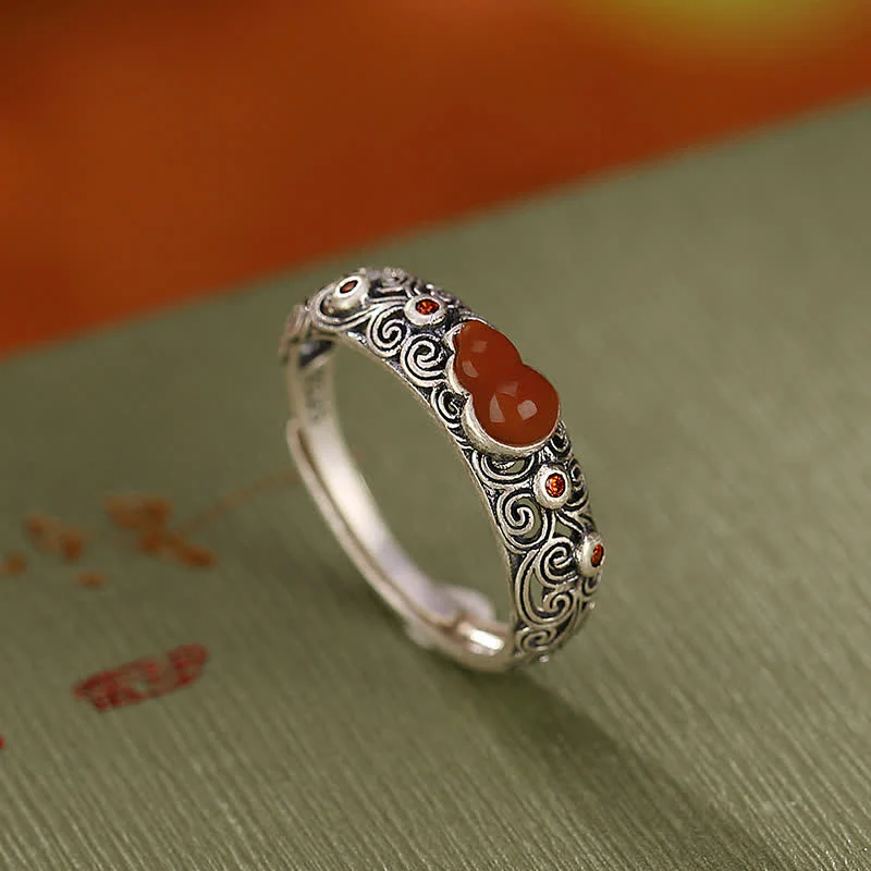 Mocoer 925 Sterling Silver Red Agate Cyan Jade Gourd Blessing Auspicious Ring - Mocoer