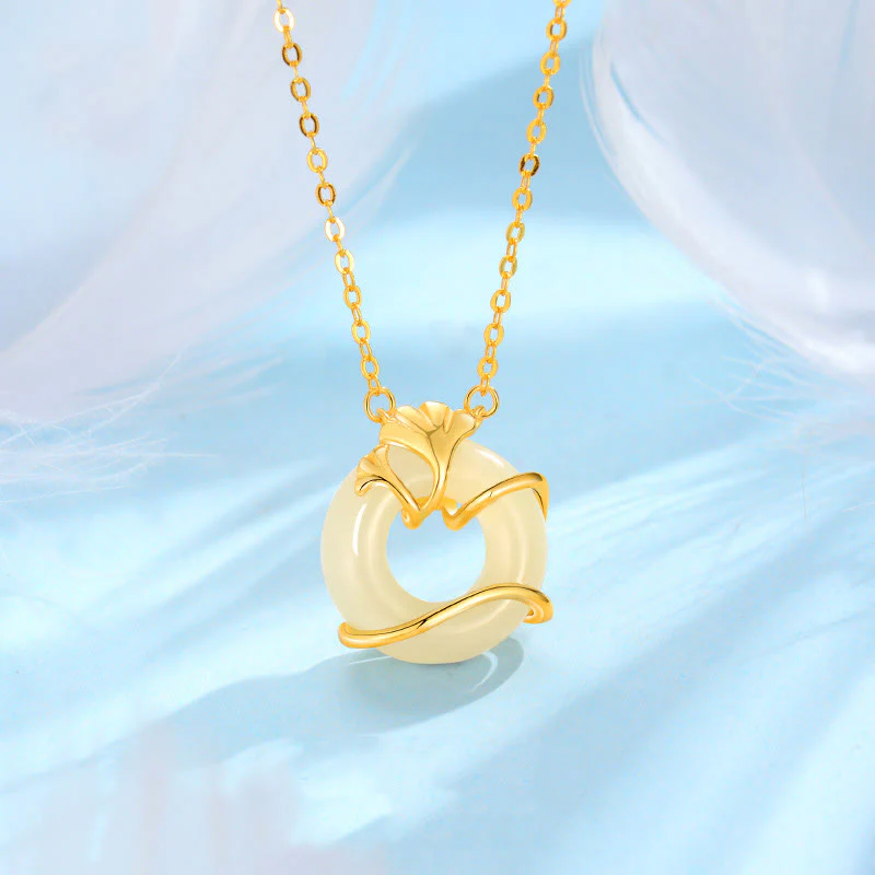 Mocoer Hetian Jade 925 Sterling Silver Peace Buckle Ginkgo Leaf Necklace Pendant - Mocoer