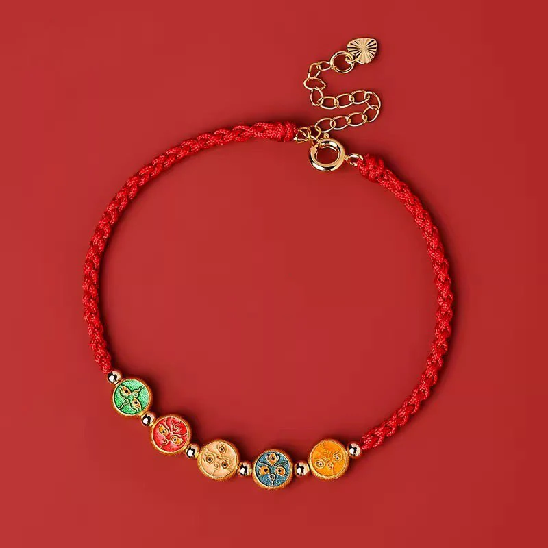 Mocoer Red String 925 Sterling Silver Five Ways God Of Wealth Connection Bracelet - Mocoer