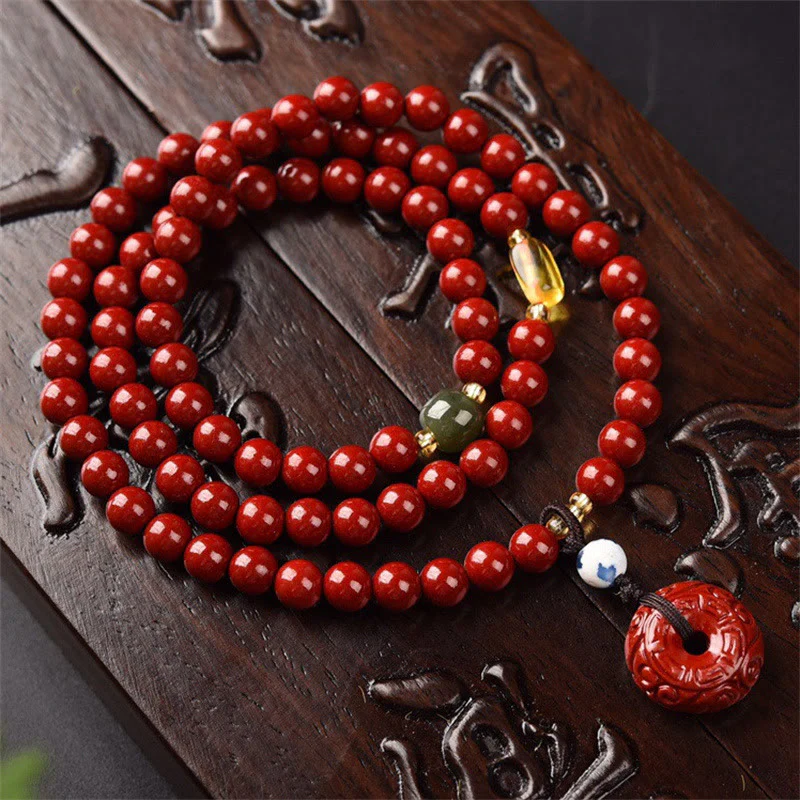 Mocoer Tibetan Cinnabar Peace Buckle Triple Wrap Blessing Bracelet Mala - Mocoer