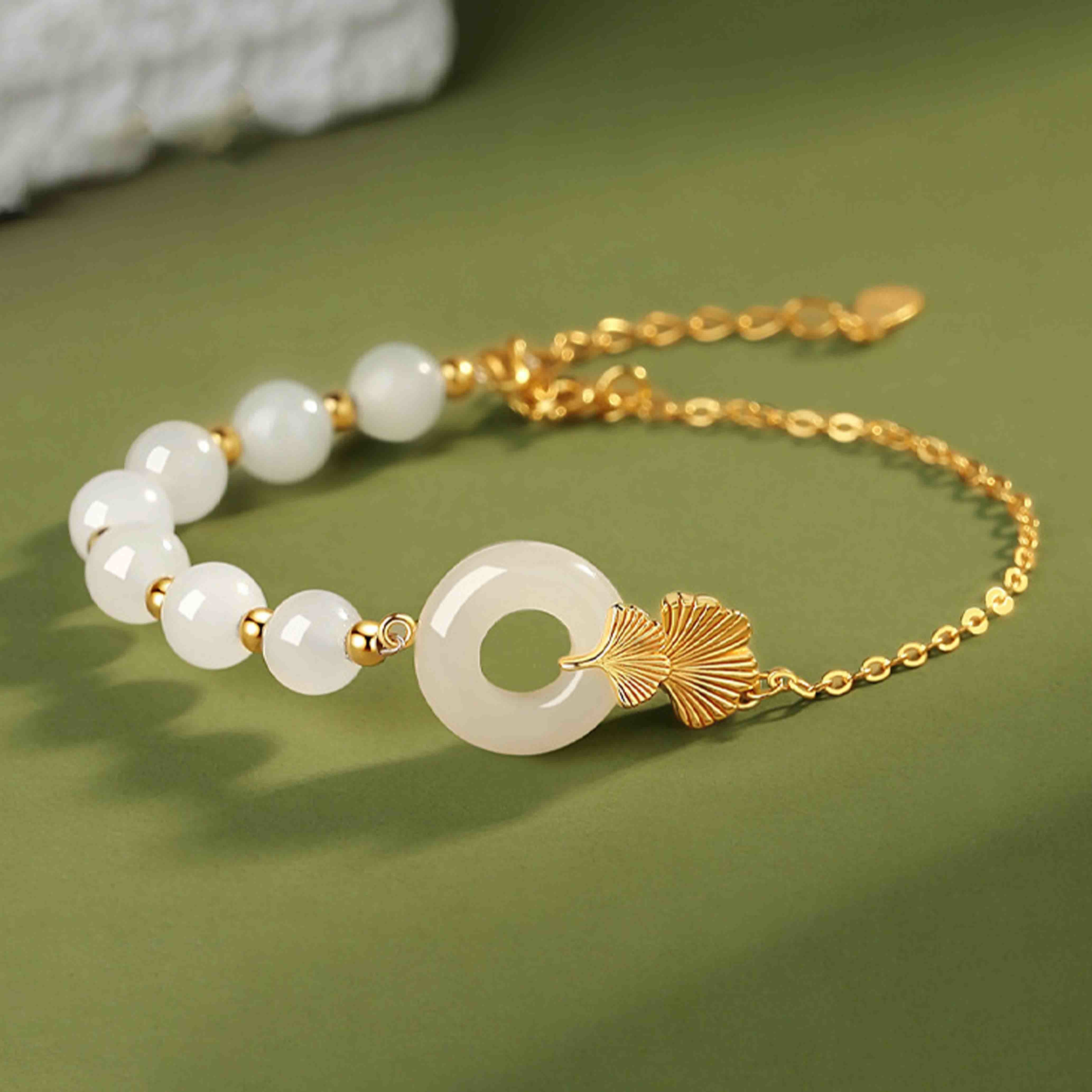 Mocoer 925 Sterling Silver Hetian White Jade Peace Buckle Ginkgo Leaf Luck Bracelet - Mocoer