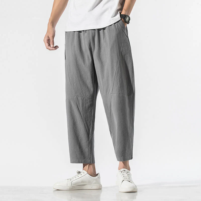 Mocoer Vintage Jacquard Solid Color Drawstring Cotton Linen Men's Harem Pants With Pockets - Mocoer
