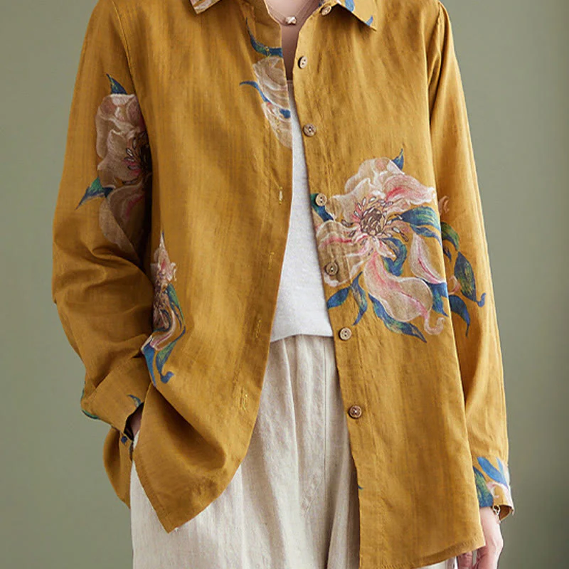 Mocoer Literary Artistic Flower Print Cotton Linen Clothing - Mocoer