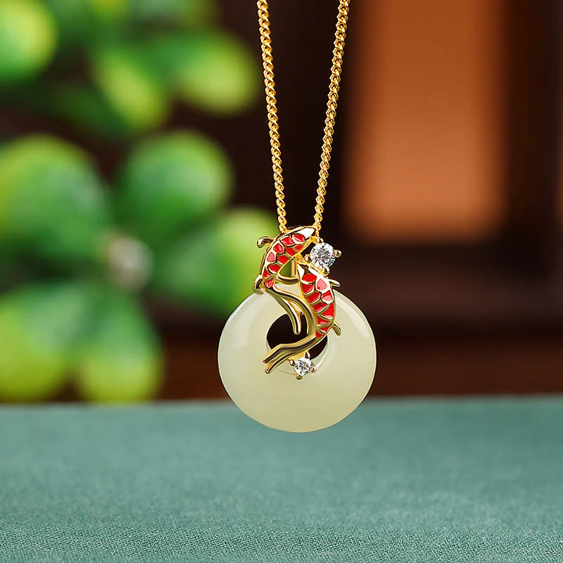Mocoer 925 Sterling Silver Hetian Jade Peace Buckle Koi Fish Luck Necklace Pendant - Mocoer