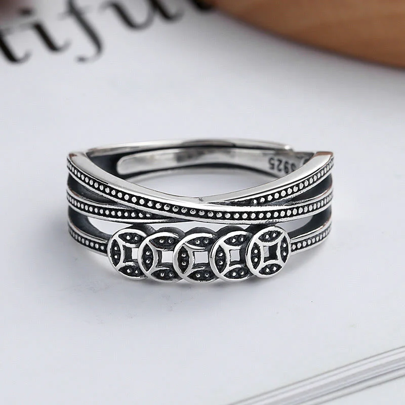Mocoer 925 Sterling Silver Copper Coins Wealth Blessing Adjustable Ring - Mocoer