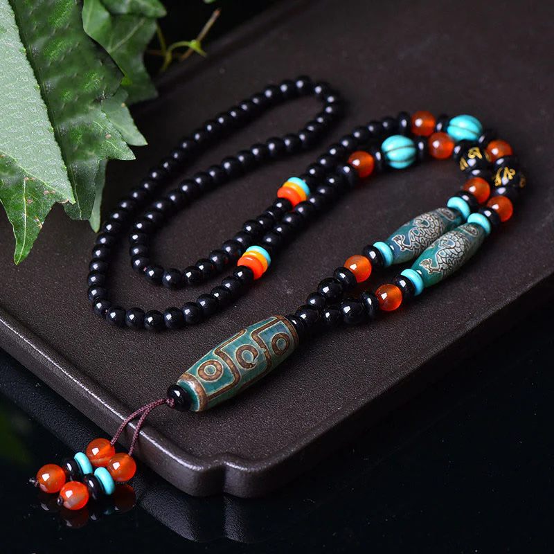 Mocoer Tibetan Nine-Eye Dzi Bead Dragon Pattern Om Mani Padme Hum Protection Necklace Pendant - Mocoer