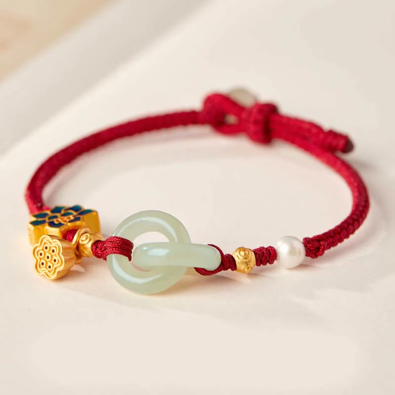 Mocoer Hetian Jade Lotus Peace Buckle Braided Rope Fortune Bracelet - Mocoer