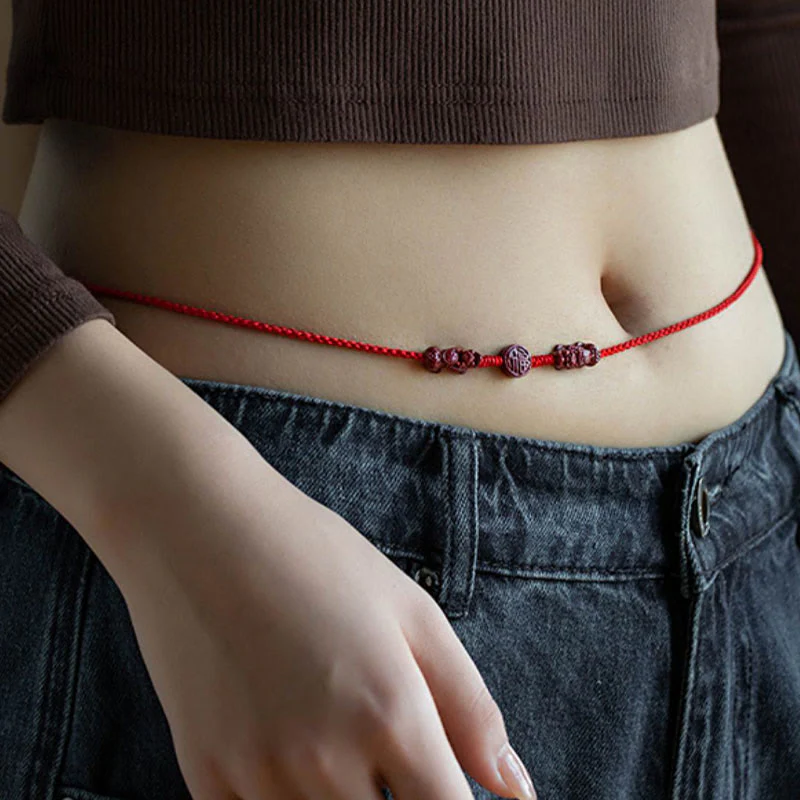 Mocoer Natural Cinnabar PiXiu Calm Blessing Red String Belly Chain - Mocoer