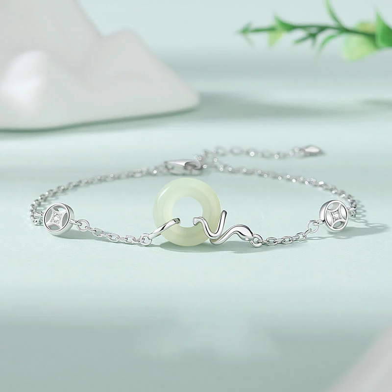 Mocoer 925 Sterling Silver Hetian Jade Peace Buckle Year Of The Snake Luck Bracelet - Mocoer