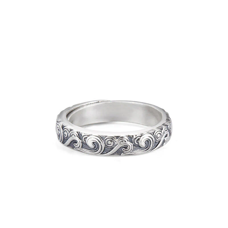 Mocoer 999 Sterling Silver Auspicious Clouds Engraved Blessing Adjustable Ring - Mocoer