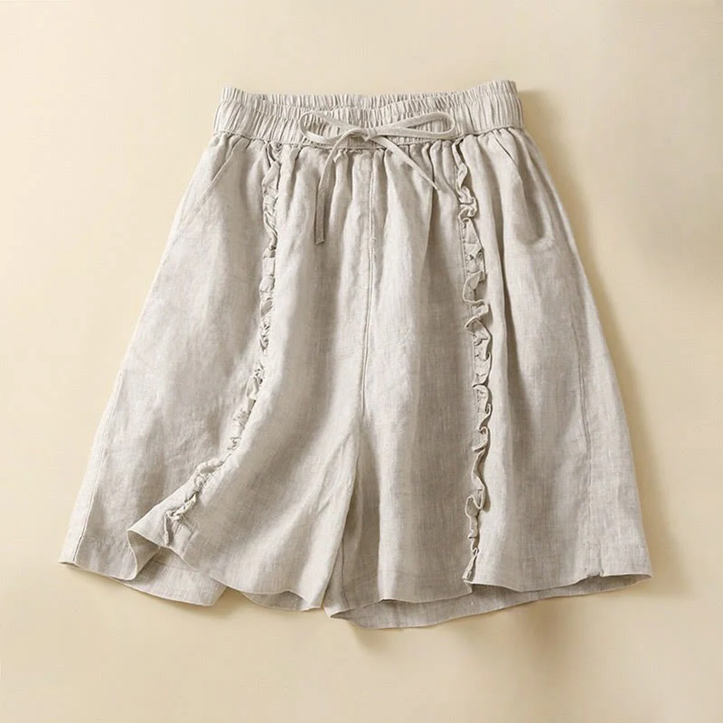 Mocoer Fungus Edge Design Drawstring Cotton Linen Women's Shorts With Pockets - Mocoer