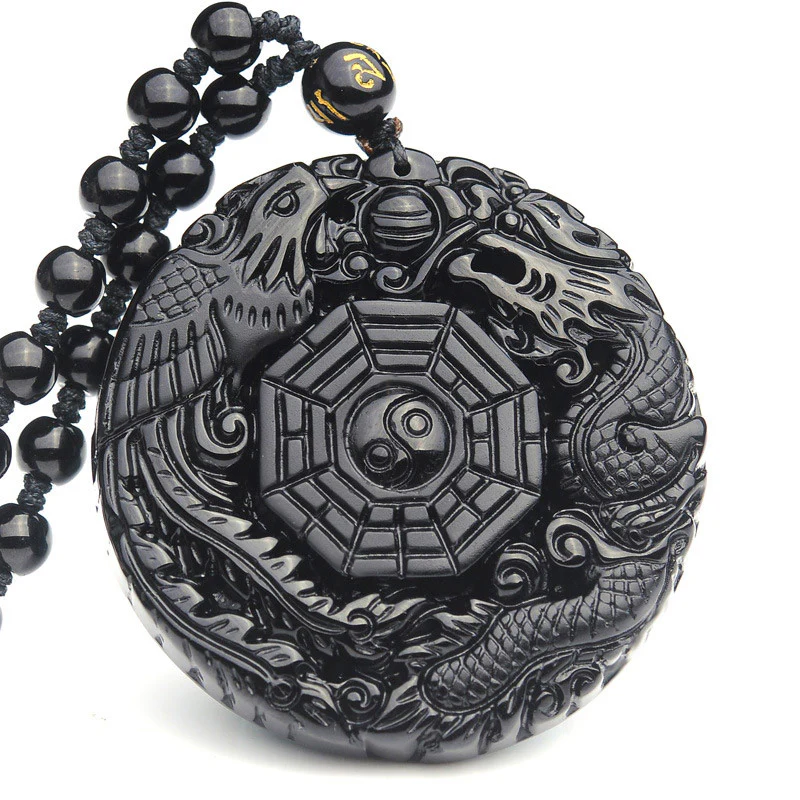 Mocoer Bagua Dragon Phoenix Obsidian Fulfilment Pendant Necklace - Mocoer