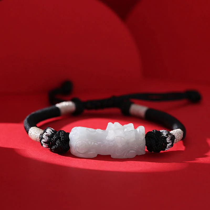 Mocoer Handmade Natural Jade PiXiu Luck Prosperity Braided String Bracelet - Mocoer