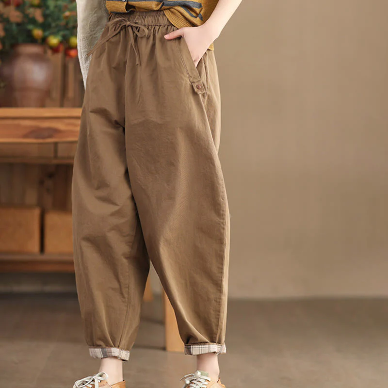 Mocoer Casual Plain Patched Cuff Design Women's Cotton Harem Pants With Pockets - Mocoer
