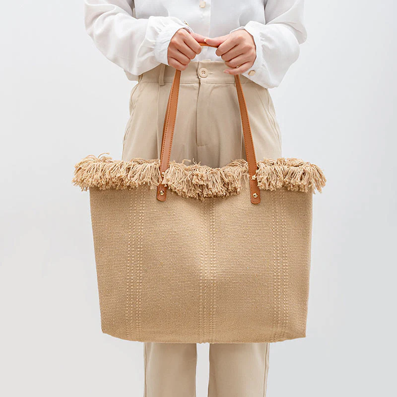 Mocoer Large Capacity Solid Color Tassel Canvas Tote Shoulder Bag - Mocoer