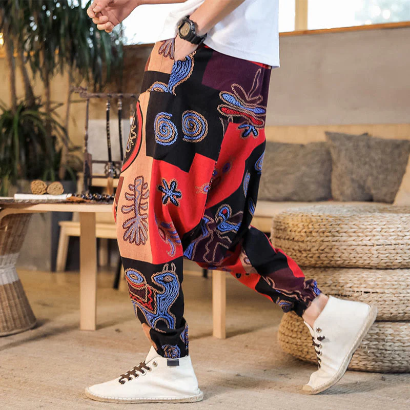 Mocoer Grid Flower Print Cotton Men's Harem Pants With Pockets - Mocoer