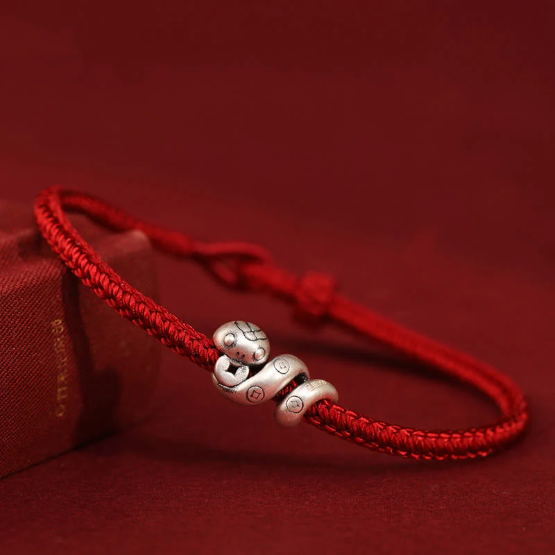 Mocoer 999 Sterling Silver Year of the Snake Handmade Copper Coin Protection Braided Bracelet - Mocoer