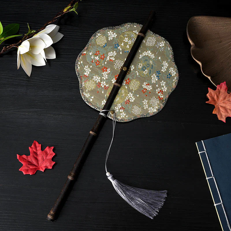 Mocoer Handmade Flowers Peach Loquat Bird Crane Butterfly Pattern Long Purple Bamboo Handle Portable Curlable Fan - Mocoer