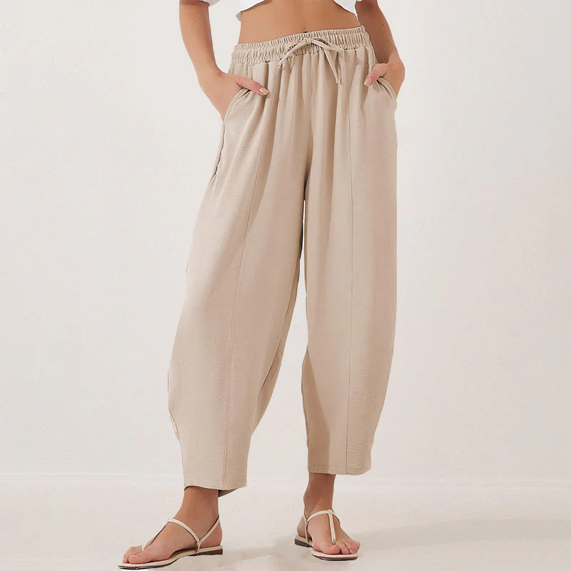 Mocoer Casual Plain Loose Drawstring Women's Polyester 7/8 Length Pants With Pockets - Mocoer