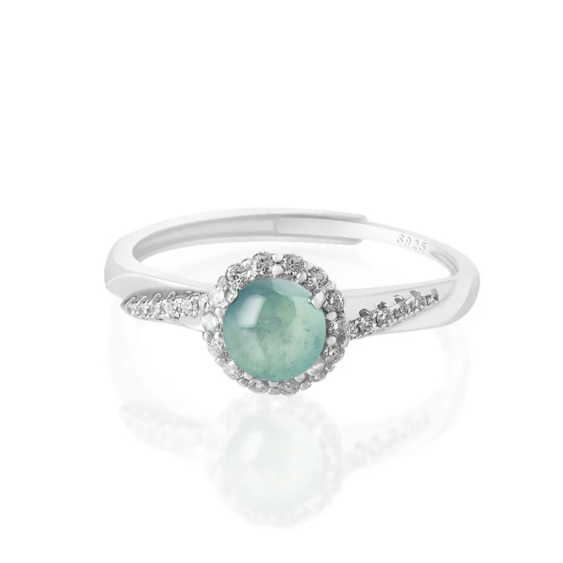 Mocoer 925 Sterling Silver Round Jade Luck Prosperity Adjustable Ring - Mocoer