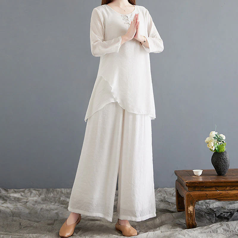 Mocoer 2Pcs Frog-Button Long Sleeve Shirt Wide Leg Pants Meditation Cotton Linen Clothing - Mocoer