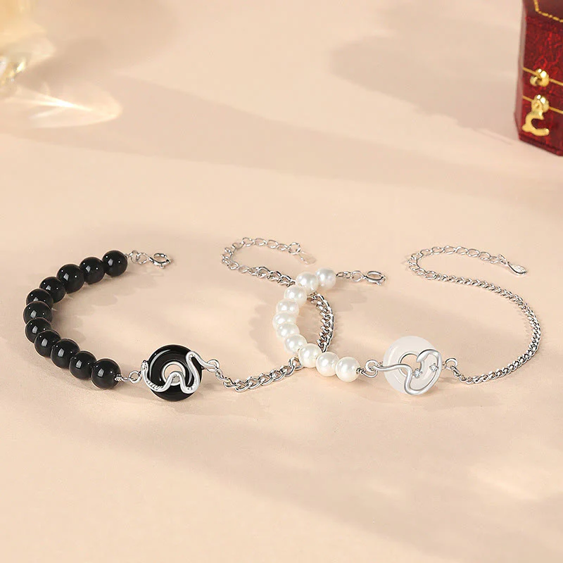 Mocoer Black Obsidian Black Onyx Chalcedony Peace Buckle 925 Sterling Silver Year Of The Snake Pearl Purification Couple's Bracelet - Mocoer