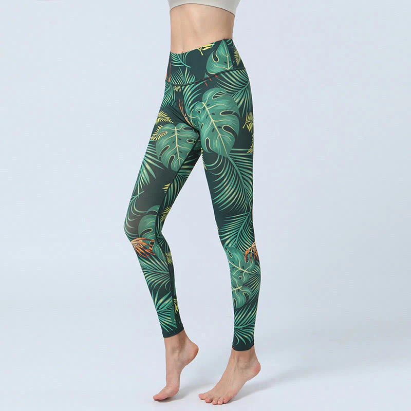 Mocoer Leaves Print Sports Fitness Yoga High Waist Leggings Women's Yoga Pants - Mocoer