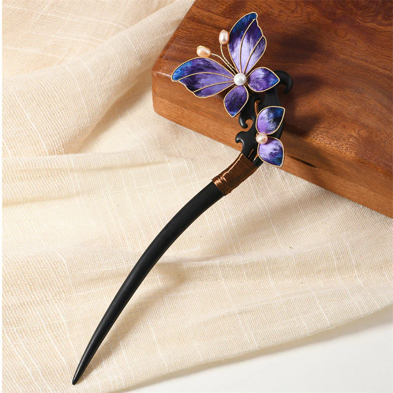 Mocoer Intangible Cultural Heritage Craft Ebony Wood Silk Flower Butterfly Pearl Blessing Hairpin - Mocoer