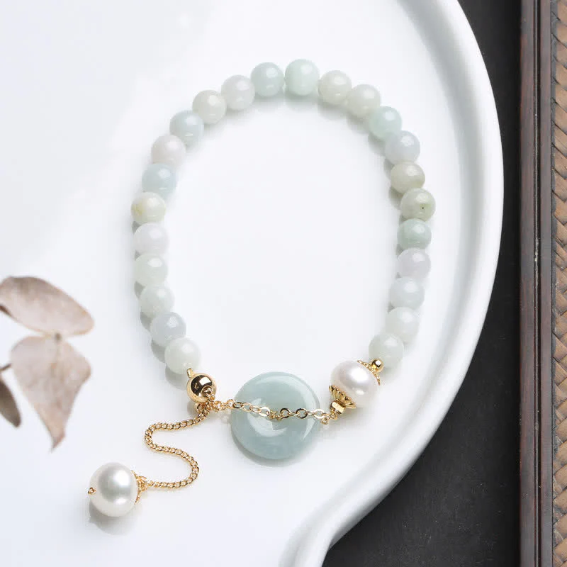 Mocoer Natural Jade Pearl Peace Buckle Prosperity Luck Bracelet - Mocoer