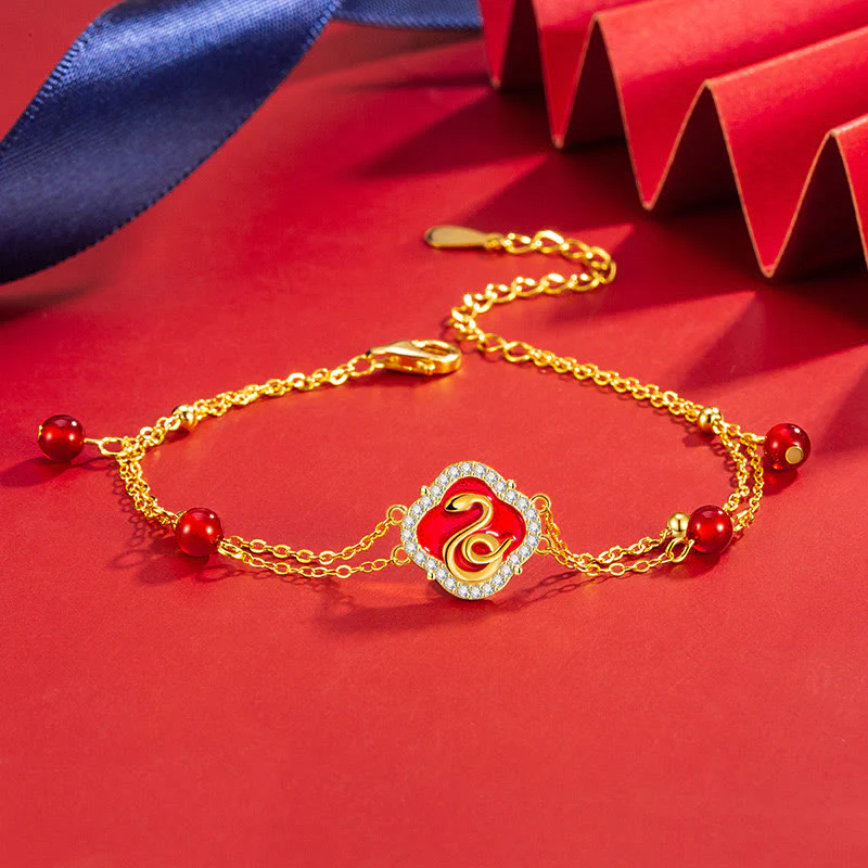 Mocoer 925 Sterling Silver Red Agate Year Of The Snake Luck Bracelet - Mocoer