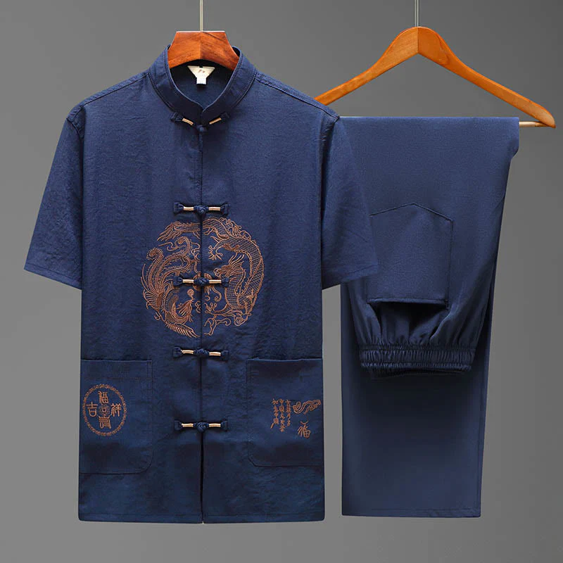 Mocoer Dragon Fu Character Tang Suit Traditional Short Sleeve Shirt Wide Leg Pants Clothing Men's Set - Mocoer