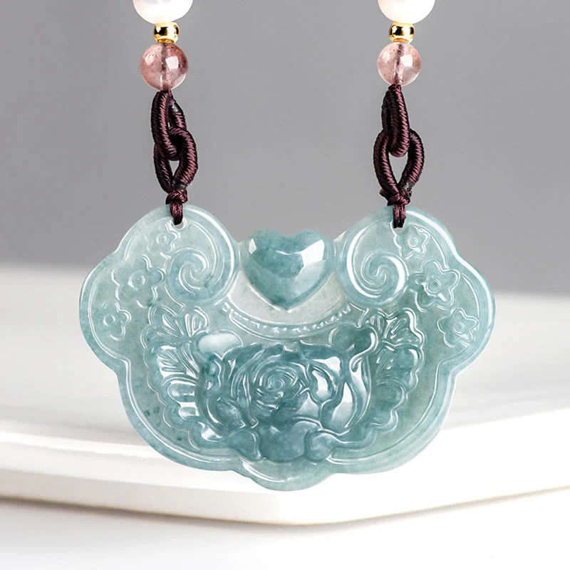 Mocoer Natural Jade Peony Flower Lock of Good Wishes Prosperity Necklace Pendant - Mocoer