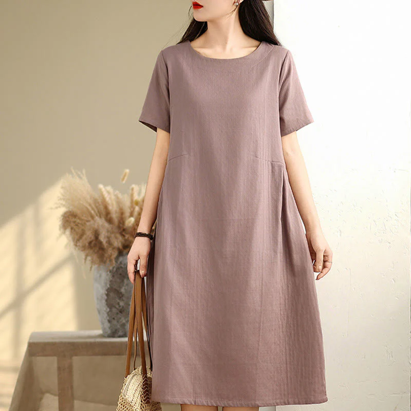 Mocoer Casual Plain Color Simple Design Cotton Linen Midi Dress With Pockets - Mocoer