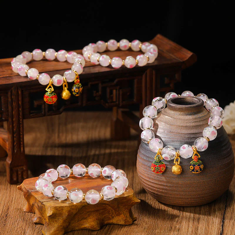 Mocoer Gold Swallowing Beast Family Charm Luminous Pink Love Heart Fluorescent Liuli Glass Bead Blessings Bracelet - Mocoer