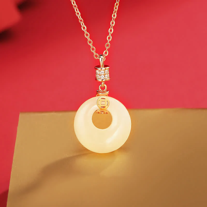 Mocoer 925 Sterling Silver Hetian White Jade Coin Flower Peace Buckle Luck Necklace Pendant - Mocoer