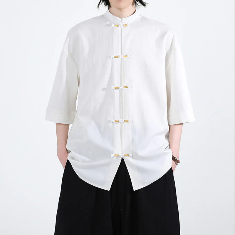 Mocoer Pure Color Frog-Button Half Sleeve Linen Men's Shirt - Mocoer