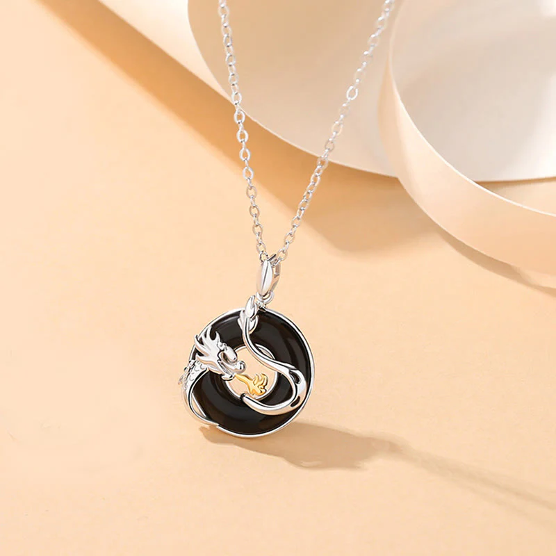 Mocoer 925 Sterling Silver Year of the Dragon Natural Black Onyx Chalcedony Dragon Phoenix Peace Buckle Protection Necklace Pendant - Mocoer